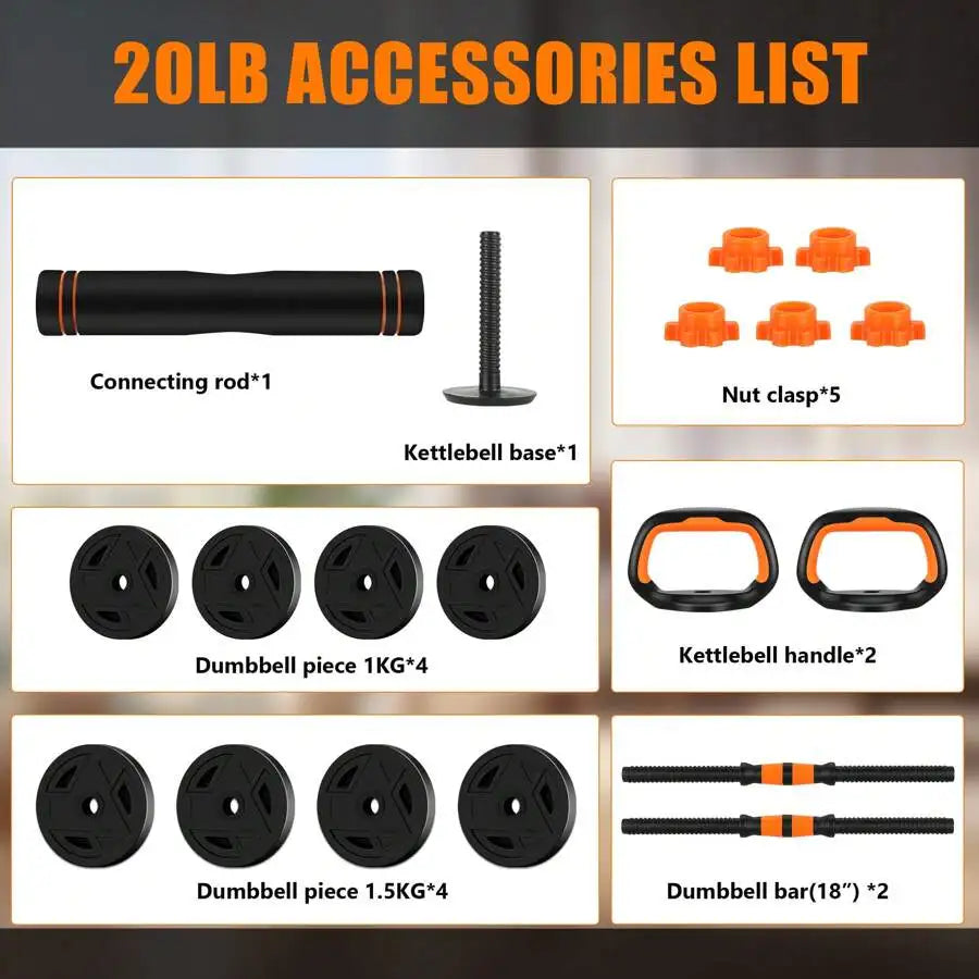 20Lbs Adjustable Dumbbell Set, Versatile Weight Combination With Connectors ToSupport 4-In-1 Design: Dumbbells, Barbells, Kettlebells And Push-Up Stand - Perfect ForHome Gym
