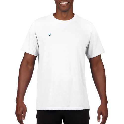Person wearing the Strivima Performance Unisex Crewneck T-Shirt White featuring the Strivima logo on the front.
